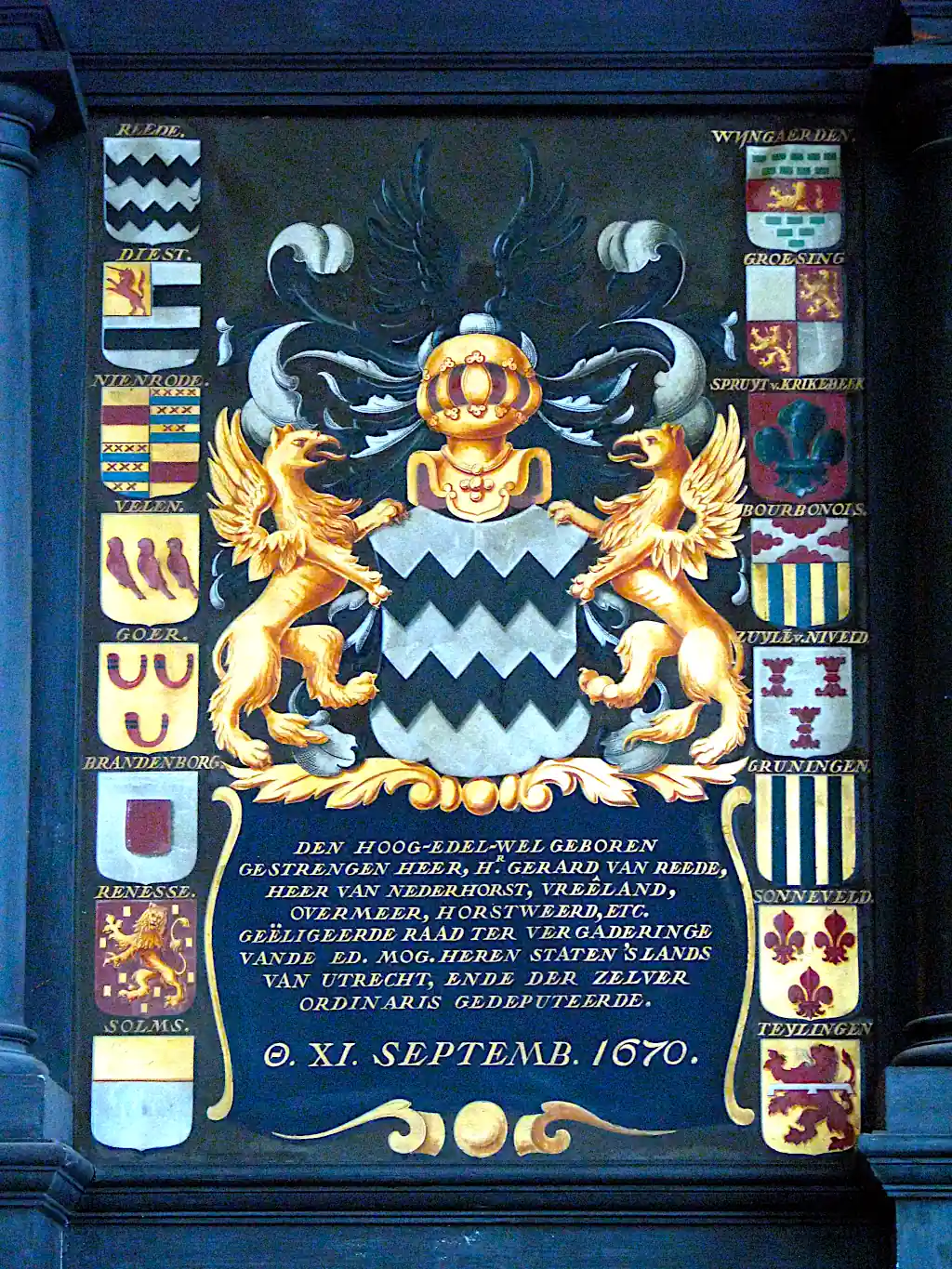 Herdenkbord Gerard van Reede (Heer van Nederhorst Overleden 9-9-1670) hangt in De Willibrordkerk. Zijn vader Godart liet de Reevaart graven. Bron RondjeVecht.nl