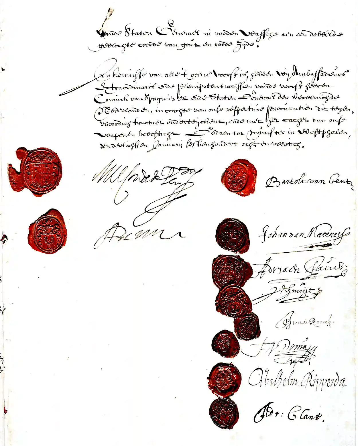 1648 Tractaat van de vrede van Munster (de 80-jarige oorlog). Mede ondertekend door Godard van Reede kasteelheer van kasteel Nederhorst (5de van rechter kolom. Archiefnr: NL-HaNA_1.01.02_12588.55B_37. Bron: Nationaal Archief. RondjeVecht.nl